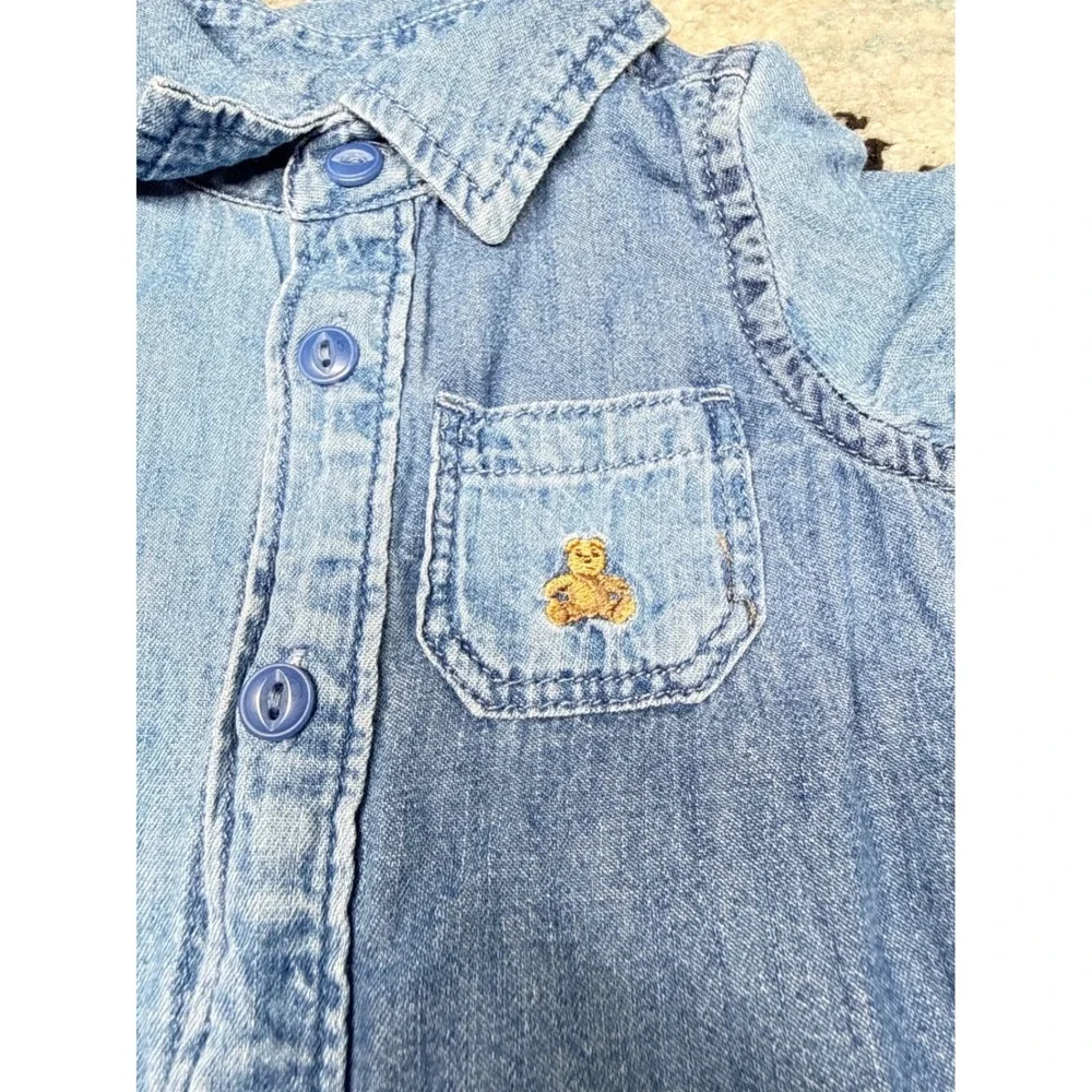 Baby Gap Denim Bubble Romper 0-3M Chambray Teddy Bear Pocket One Piece
